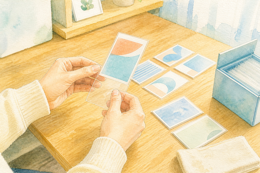 水彩画風に描いた、抽象柄のカードを透明スリーブへ入れる手元と収納前のカード