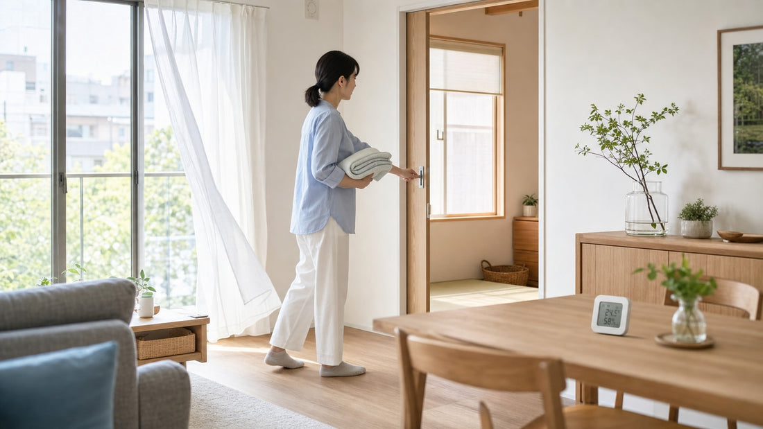 朝の光が入るリビングで、空気の通り道と暮らしを整える様子