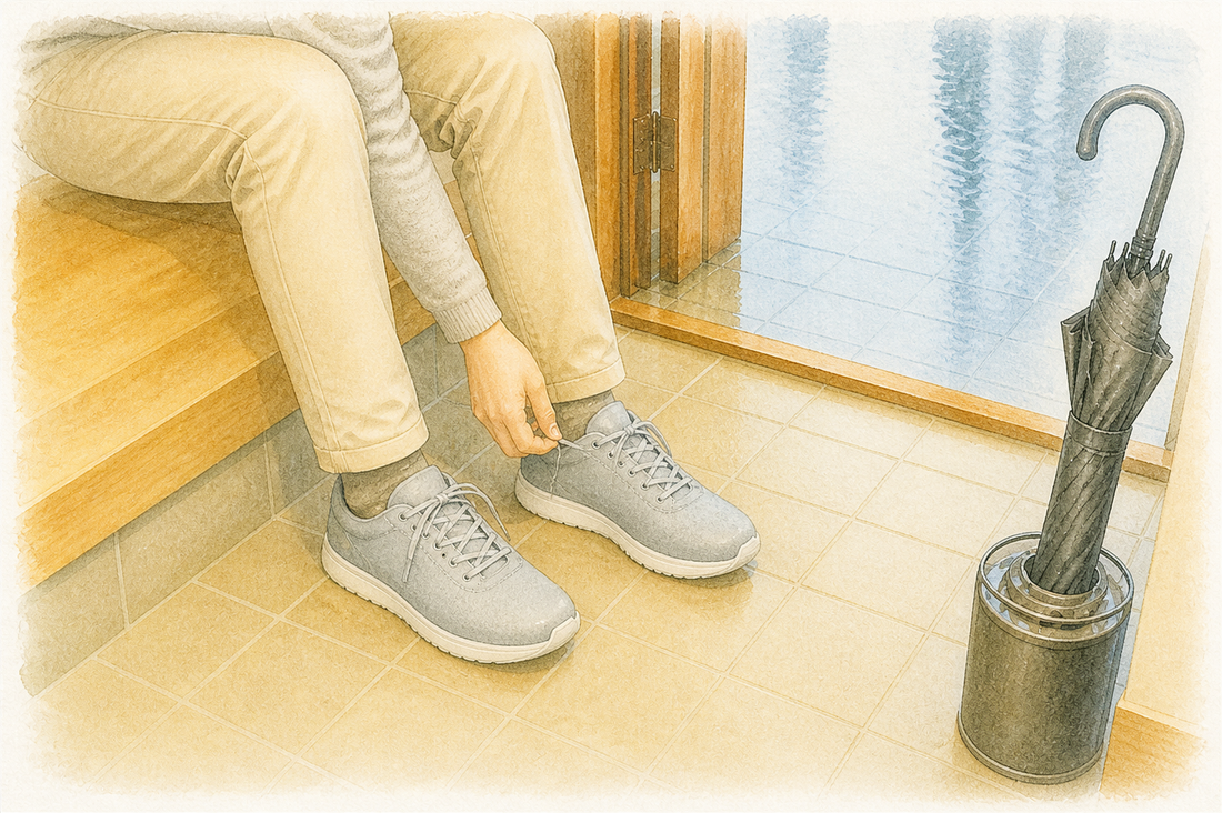 雨の中を歩いて帰宅し、玄関で濡れたスニーカーを脱ごうとしている様子