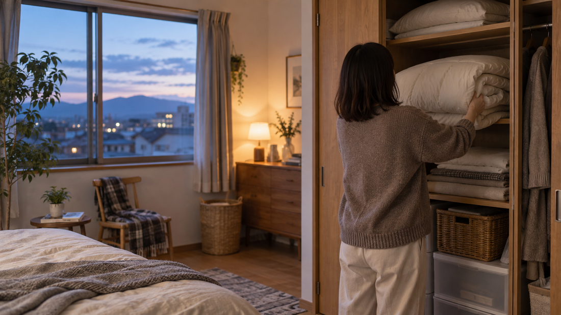 急に寒くなった夕方、収納から冬の布団を取り出すイメージ